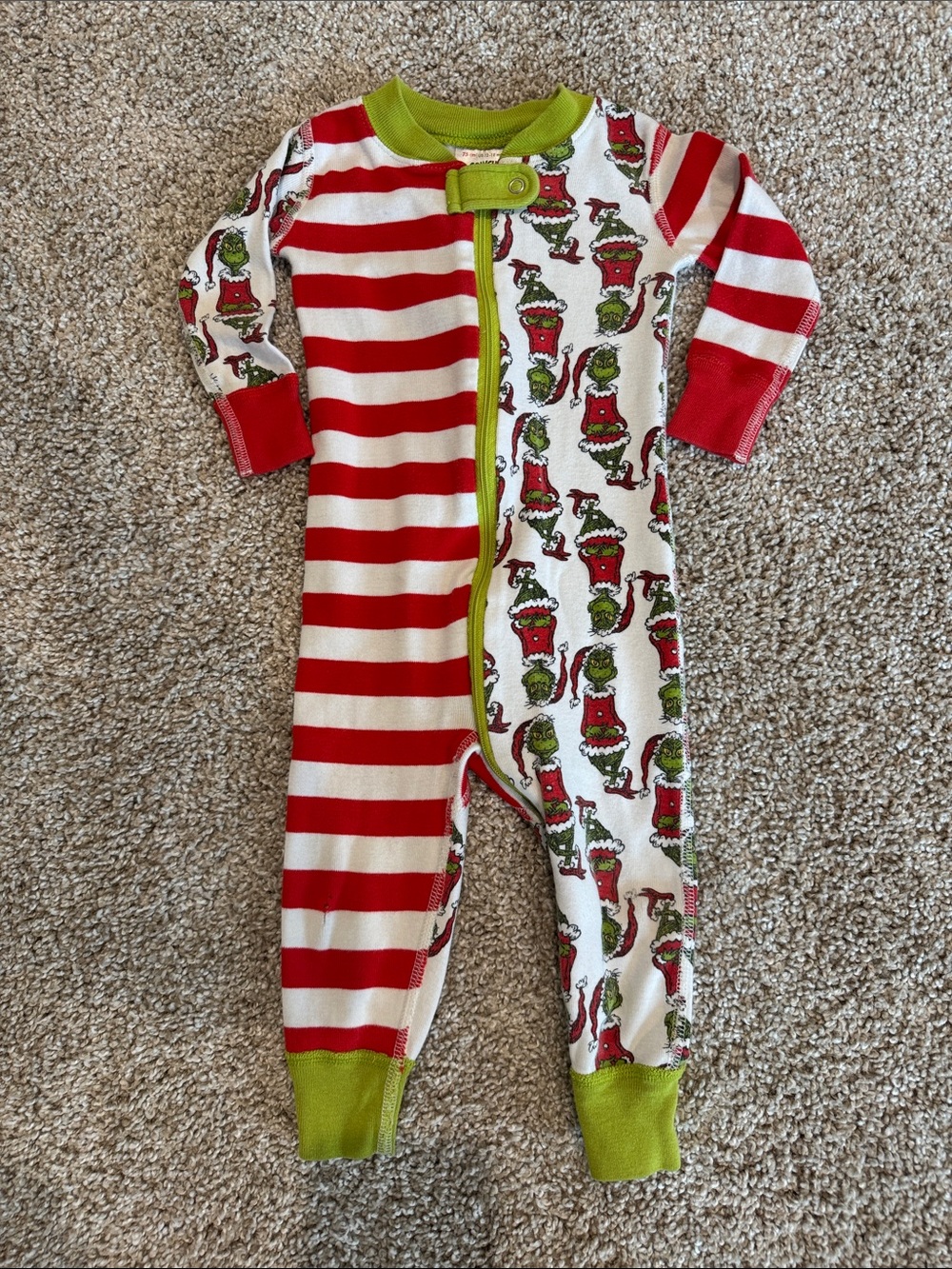 Hanna Andersson Red, White & Green Striped Grinch-Print One-Piece Footie